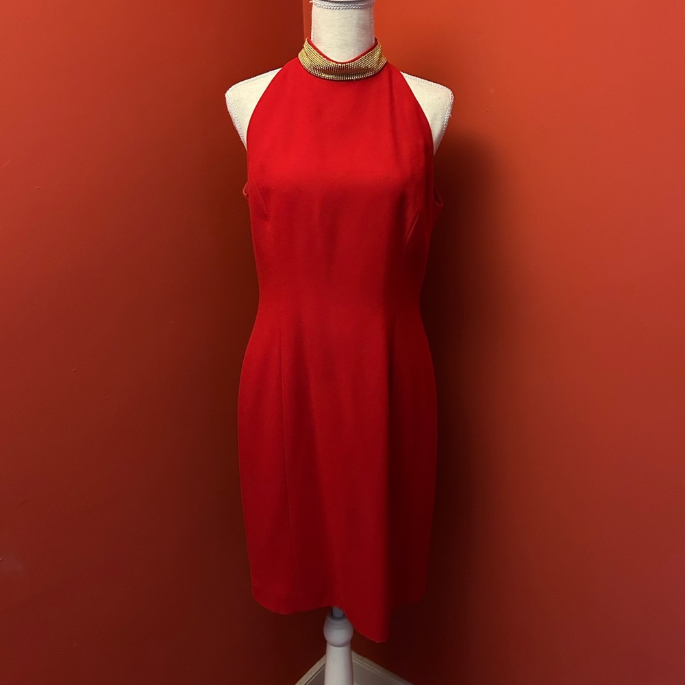 Gillian Red Dress w Gold Neck Accent